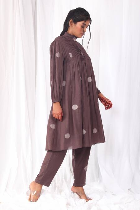 Buy Khat Brown Handloom Cotton High Neck Polka Pattern Kurta And Pant Set Online at Aza Fashions Buy_Khat_Brown Handloom Cotton High Neck Polka Pattern Kurta And Pant Set _Online_at_Aza_Fashions