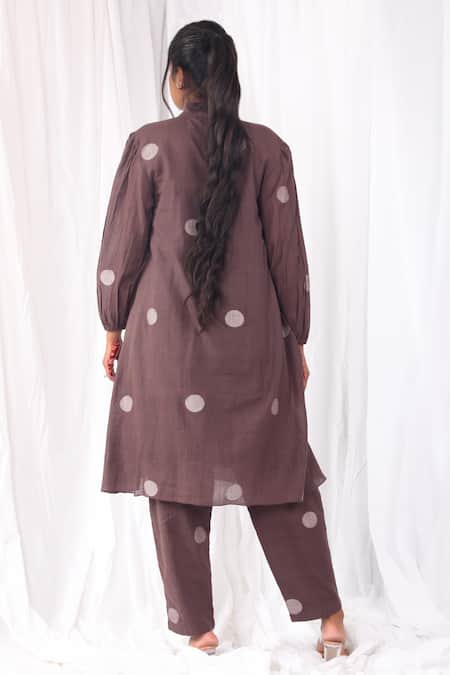 Shop Khat Brown Handloom Cotton High Neck Polka Pattern Kurta And Pant Set Online at Aza Fashions Shop_Khat_Brown Handloom Cotton High Neck Polka Pattern Kurta And Pant Set _Online_at_Aza_Fashions