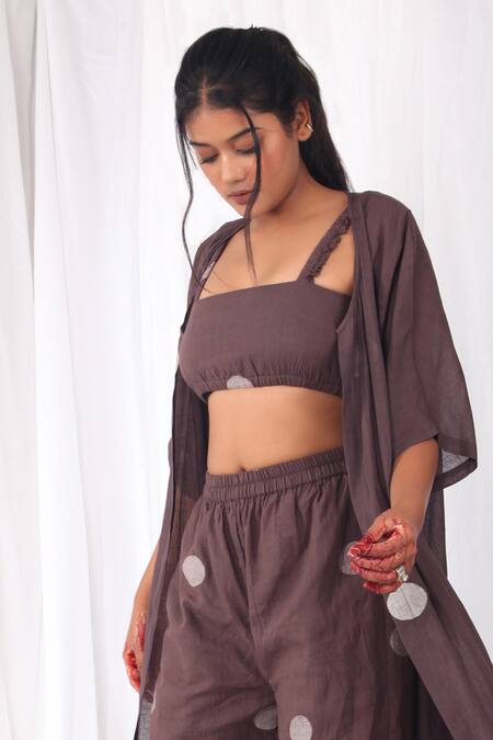 Khat Brown Handloom Cotton Square Neck Polka Pattern Long Jacket And Pant Set at Aza Fashions Khat_Brown Handloom Cotton Square Neck Polka Pattern Long Jacket And Pant Set _at_Aza_Fashions