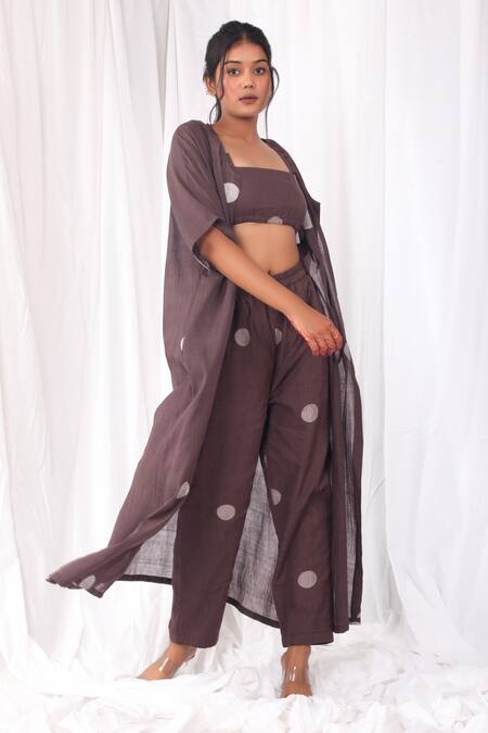 Buy Khat Brown Handloom Cotton Square Neck Polka Pattern Long Jacket And Pant Set Online at Aza Fashions Buy_Khat_Brown Handloom Cotton Square Neck Polka Pattern Long Jacket And Pant Set _Online_at_Aza_Fashions