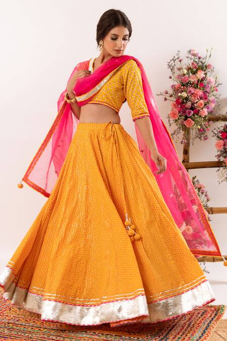 Rivaaj Clothing_Yellow Floret Pattern And Lurex Striped Lehenga Set _Online_at_Aza_Fashions