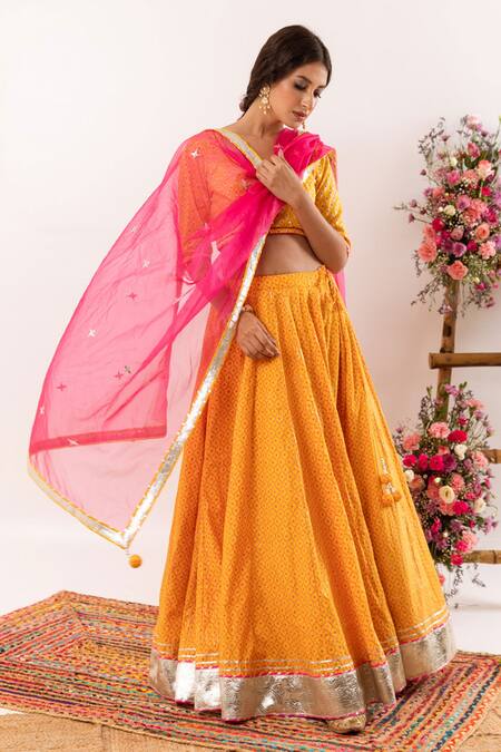 Buy_Rivaaj Clothing_Yellow Floret Pattern And Lurex Striped Lehenga Set _Online_at_Aza_Fashions