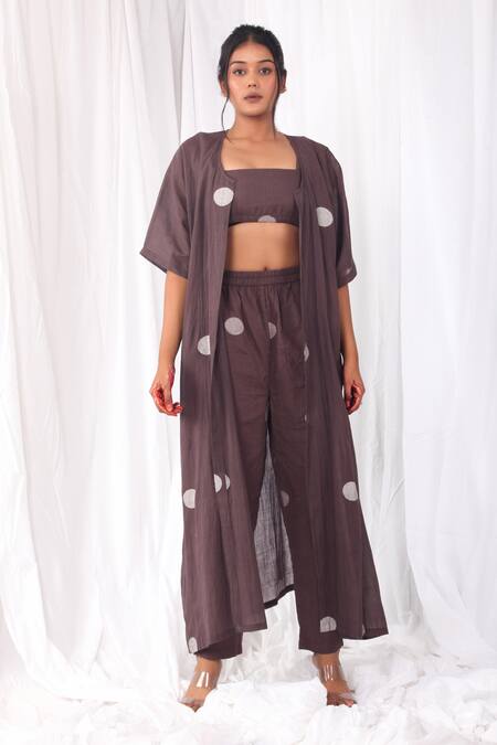 Shop Khat Brown Handloom Cotton Square Neck Polka Pattern Long Jacket And Pant Set Online at Aza Fashions Shop_Khat_Brown Handloom Cotton Square Neck Polka Pattern Long Jacket And Pant Set _Online_at_Aza_Fashions