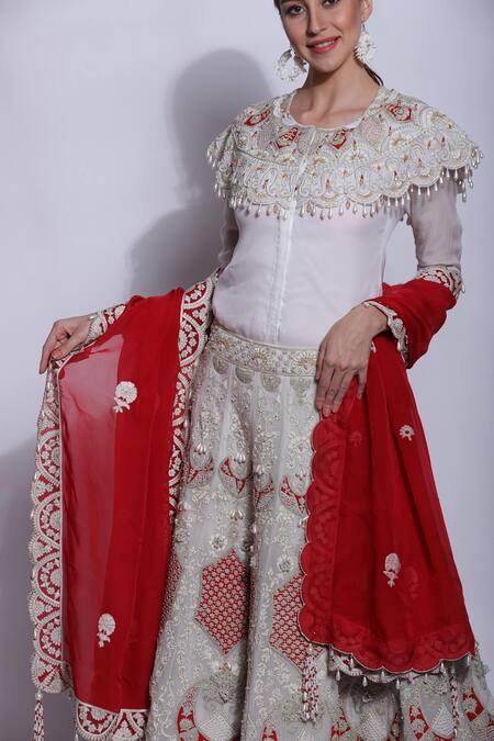 Shop_Sonali Gupta_White Silk, Viscose Embroidery, Beads, Sequins Round Hand Blouse Lehenga Set _Online_at_Aza_Fashions