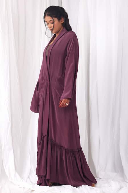 Buy_Khat_Purple Crepe Shawl Neck Frill Hem Long Jacket _Online_at_Aza_Fashions