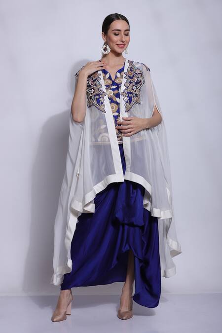 Sonali Gupta_Blue Silk Hand Embroidered Mughal Jaal Dori V Neck Jacket And Skirt Set  _Online_at_Aza_Fashions
