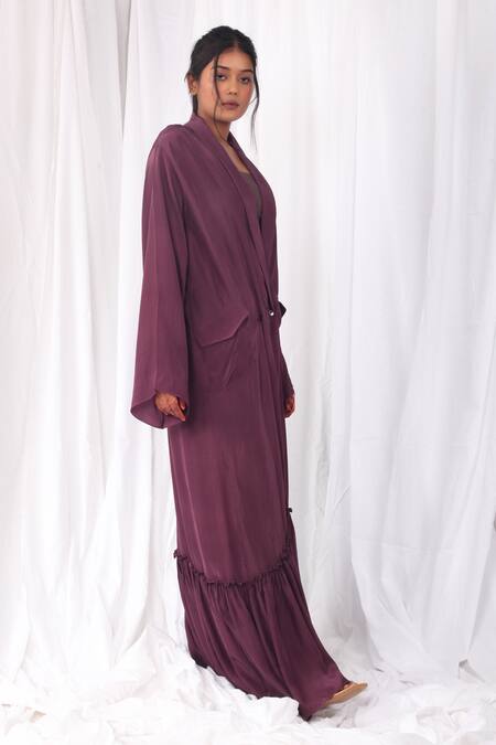 Shop_Khat_Purple Crepe Shawl Neck Frill Hem Long Jacket _Online_at_Aza_Fashions