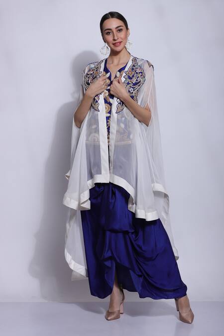 Buy_Sonali Gupta_Blue Silk Hand Embroidered Mughal Jaal Dori V Neck Jacket And Skirt Set  _Online_at_Aza_Fashions
