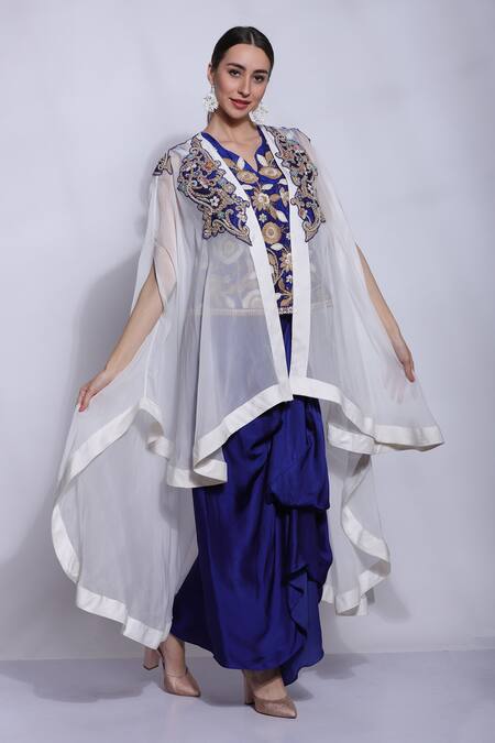 Shop_Sonali Gupta_Blue Silk Hand Embroidered Mughal Jaal Dori V Neck Jacket And Skirt Set  _Online_at_Aza_Fashions