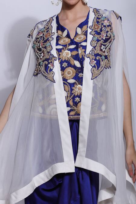 Sonali Gupta_Blue Silk Hand Embroidered Mughal Jaal Dori V Neck Jacket And Skirt Set  _at_Aza_Fashions