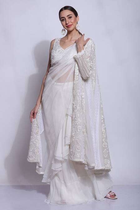 Sonali Gupta_White Silk Hand Embroidered Mughal Floral Jacket  Collar And Saree Set  _Online_at_Aza_Fashions