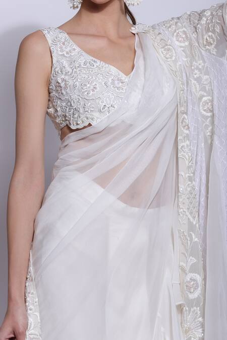 Buy_Sonali Gupta_White Silk Hand Embroidered Mughal Floral Jacket  Collar And Saree Set  _Online_at_Aza_Fashions