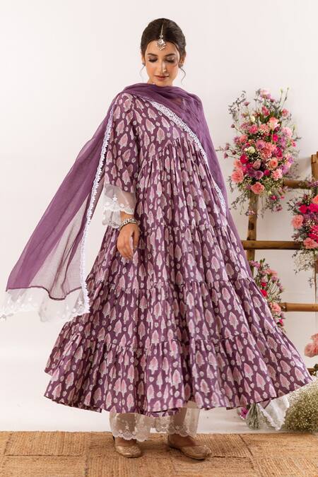 Rivaaj Clothing_Purple Botanic Print Tiered Anarkali Palazzo Set _Online_at_Aza_Fashions