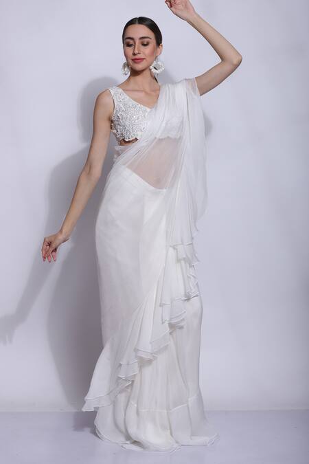 Shop_Sonali Gupta_White Silk Hand Embroidered Mughal Floral Jacket  Collar And Saree Set  _Online_at_Aza_Fashions