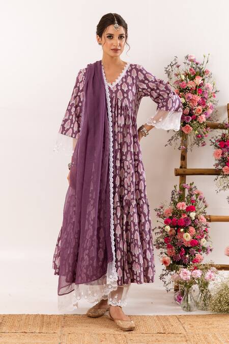 Buy_Rivaaj Clothing_Purple Botanic Print Tiered Anarkali Palazzo Set _Online_at_Aza_Fashions