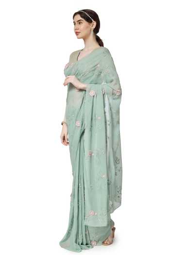 Summer By Priyanka Gupta_Green Georgette Hand Embroidered Floral V Ambar Saree With Blouse _Online_at_Aza_Fashions