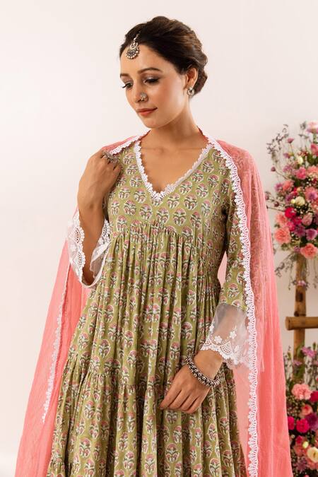 Buy_Rivaaj Clothing_Green Botanic Print Anarkali Palazzo Set _Online_at_Aza_Fashions