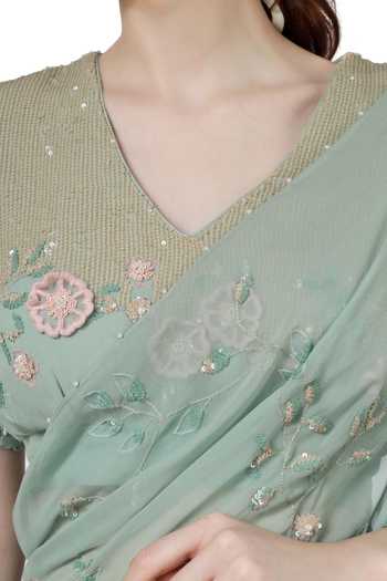 Buy_Summer By Priyanka Gupta_Green Georgette Hand Embroidered Floral V Ambar Saree With Blouse _Online_at_Aza_Fashions