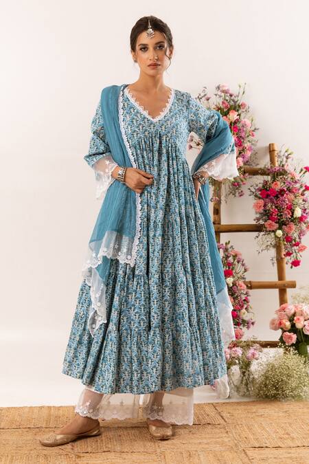 Rivaaj Clothing_Blue Botanic Print V Neck Anarkali Palazzo Set _Online_at_Aza_Fashions