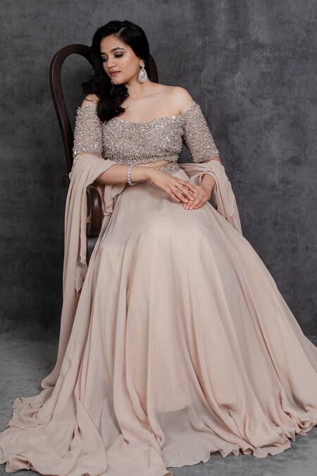 Sunita Bhandari_Beige Viscose, Georgette, Net Sequins, Tassels Waistband Embroidered Lehenga Set _Online_at_Aza_Fashions