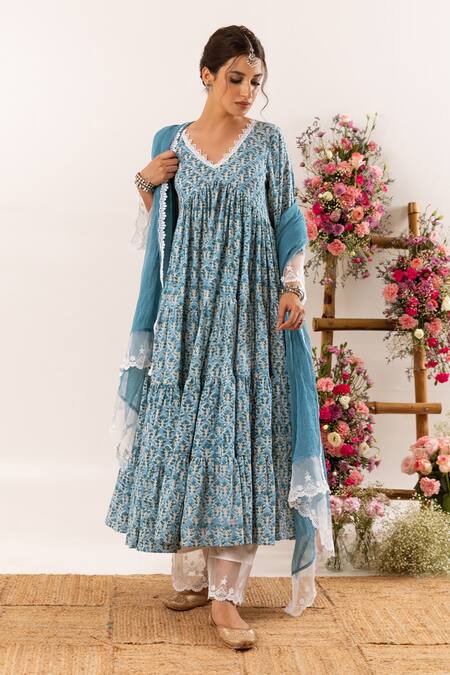 Shop_Rivaaj Clothing_Blue Botanic Print V Neck Anarkali Palazzo Set _Online_at_Aza_Fashions