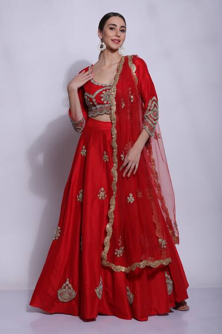Shop_Sonali Gupta_Red Silk, Viscose Pearls, Sequins Round Neck Embroidered Blouse Lehenga Set _Online_at_Aza_Fashions