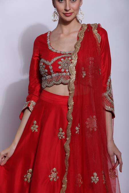Sonali Gupta_Red Silk, Viscose Pearls, Sequins Round Neck Embroidered Blouse Lehenga Set _at_Aza_Fashions