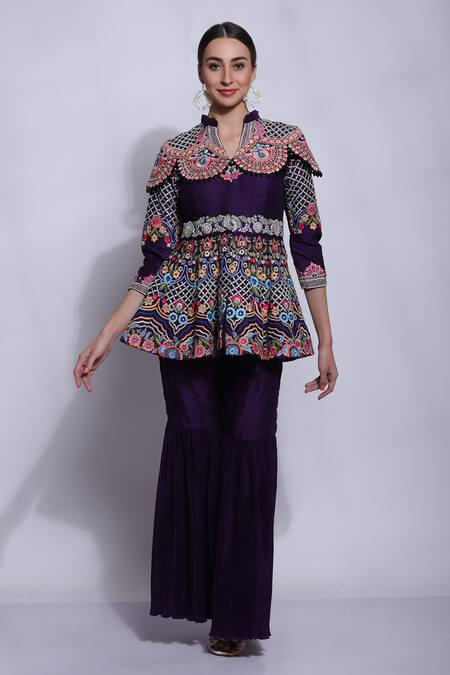 Sonali Gupta_Purple Silk Hand Embroidered Chikankari V Peplum Kurta And Sharara Set  _Online_at_Aza_Fashions