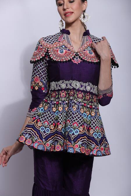 Sonali Gupta_Purple Silk Hand Embroidered Chikankari V Peplum Kurta And Sharara Set  _at_Aza_Fashions