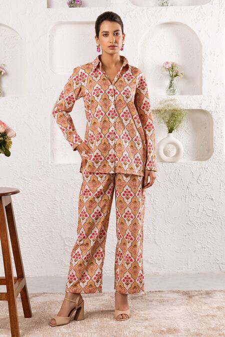 Rivaaj Clothing_Beige Botanical Print Shirt And Pant Set _Online_at_Aza_Fashions