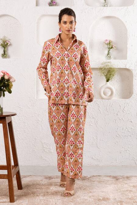 Buy_Rivaaj Clothing_Beige Botanical Print Shirt And Pant Set _Online_at_Aza_Fashions