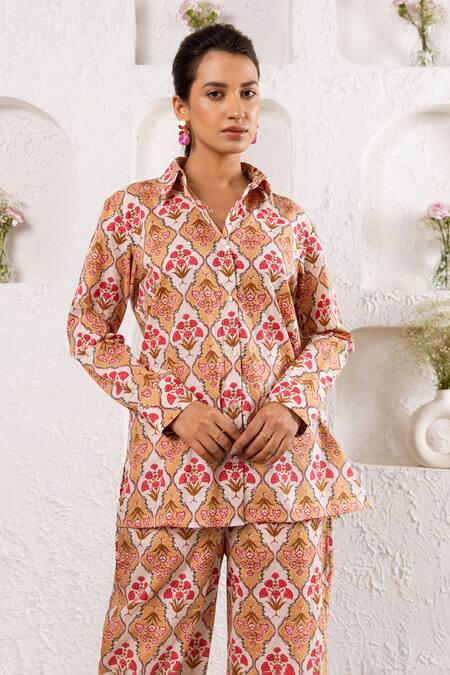 Shop_Rivaaj Clothing_Beige Botanical Print Shirt And Pant Set _Online_at_Aza_Fashions