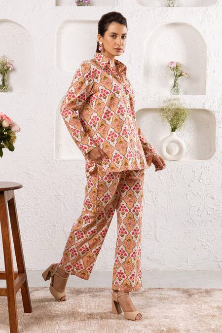Rivaaj Clothing_Beige Botanical Print Shirt And Pant Set _at_Aza_Fashions
