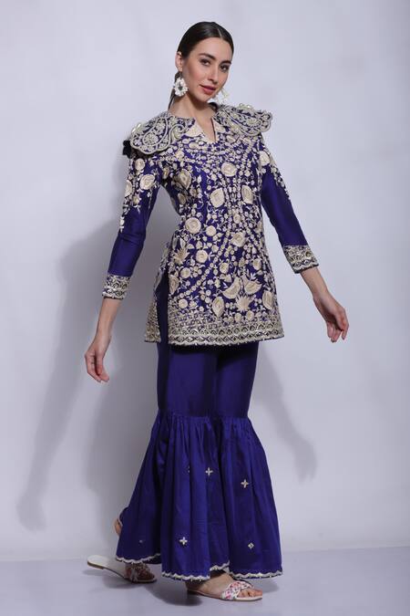 Sonali Gupta_Blue 25% Silk Embroidered Chikankari Parsi Round Kurta And Sharara Set  _at_Aza_Fashions