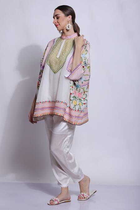 Shop_Sonali Gupta_White Silk Embroidered Floral Jaal Collared Neck Kaftan And Pant Set  _Online_at_Aza_Fashions