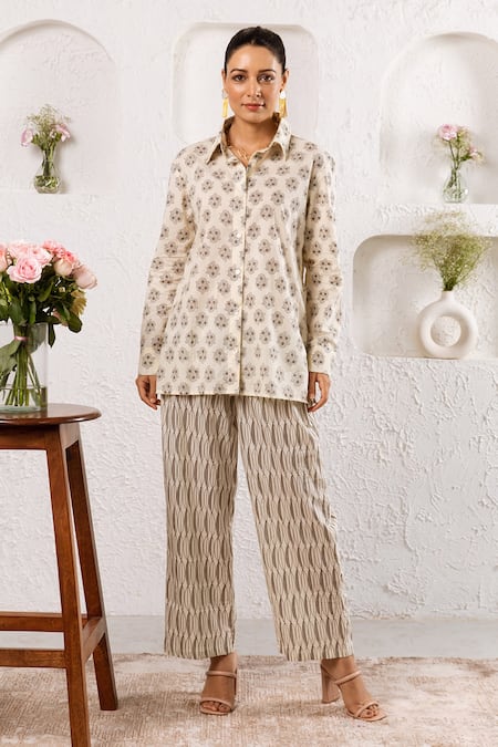 Rivaaj Clothing_Off White Cotton Botanical And Geometric Print Pant Set _Online_at_Aza_Fashions