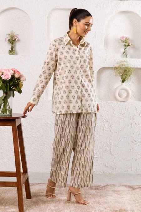 Shop_Rivaaj Clothing_Off White Cotton Botanical And Geometric Print Pant Set _Online_at_Aza_Fashions