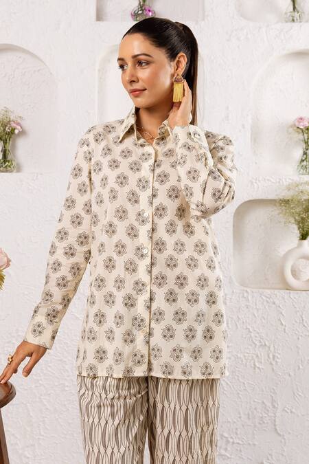 Rivaaj Clothing_Off White Cotton Botanical And Geometric Print Pant Set _at_Aza_Fashions