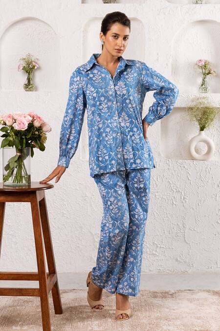 Rivaaj Clothing_Blue Botanical Pattern Shirt And Pant Set _Online_at_Aza_Fashions