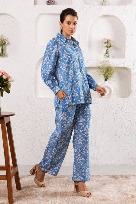 Buy_Rivaaj Clothing_Blue Botanical Pattern Shirt And Pant Set _Online_at_Aza_Fashions