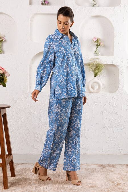 Shop_Rivaaj Clothing_Blue Botanical Pattern Shirt And Pant Set _Online_at_Aza_Fashions