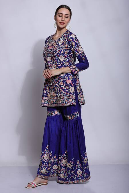Sonali Gupta_Blue 25% Silk Embroidered Chikankari Parsi Round Kurta And Sharara Set  _Online_at_Aza_Fashions