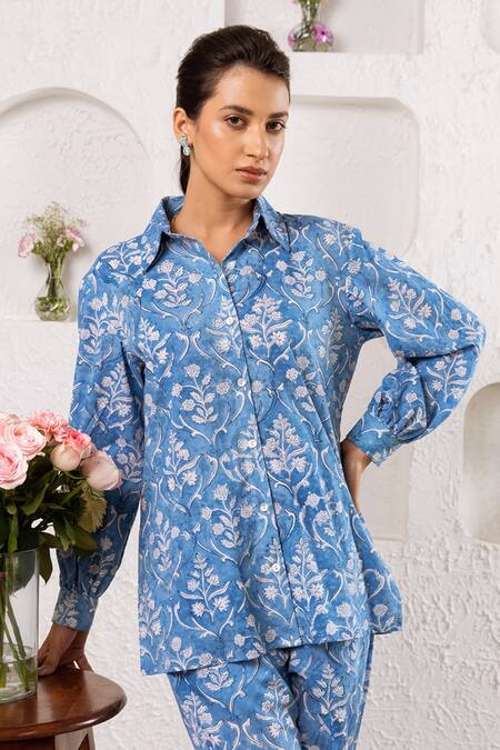 Rivaaj Clothing_Blue Botanical Pattern Shirt And Pant Set _at_Aza_Fashions