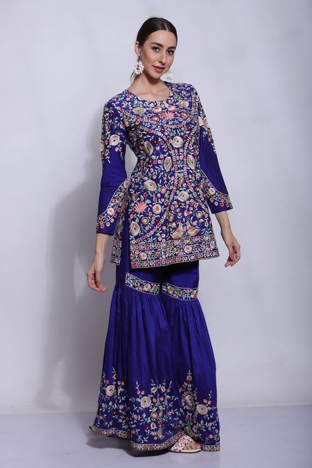 Buy_Sonali Gupta_Blue 25% Silk Embroidered Chikankari Parsi Round Kurta And Sharara Set  _Online_at_Aza_Fashions