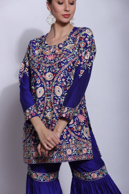 Shop_Sonali Gupta_Blue 25% Silk Embroidered Chikankari Parsi Round Kurta And Sharara Set  _Online_at_Aza_Fashions