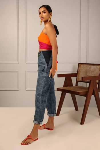 Style Junkiie_Blue Denim Embroidery Straight Cargo Pant _Online_at_Aza_Fashions