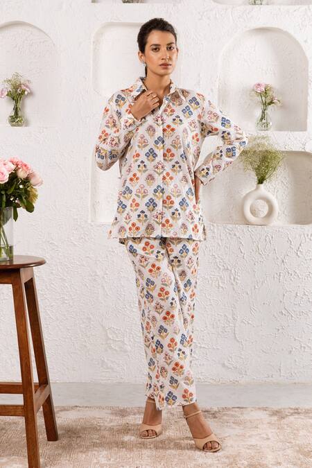 Buy_Rivaaj Clothing_White Cotton Botanic Print Pant Set _Online_at_Aza_Fashions