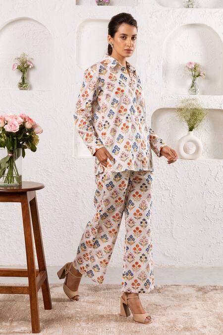 Shop_Rivaaj Clothing_White Cotton Botanic Print Pant Set _Online_at_Aza_Fashions