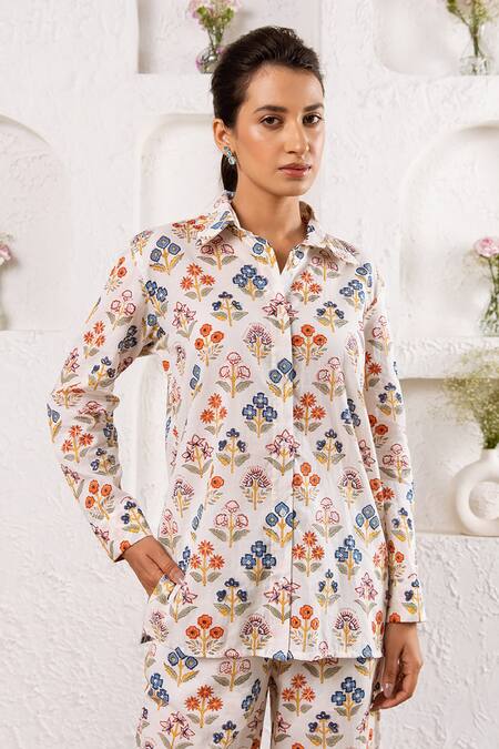 Rivaaj Clothing_White Cotton Botanic Print Pant Set _at_Aza_Fashions