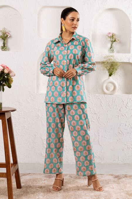 Rivaaj Clothing_Blue Palm Pattern Shirt And Pant Set _Online_at_Aza_Fashions